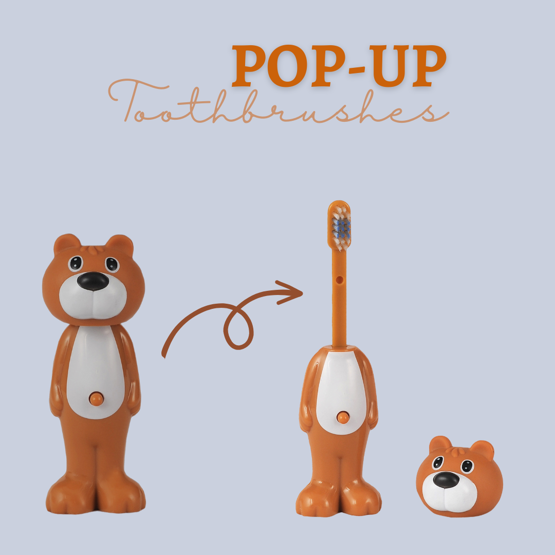 Adore Kids Pop Up Toothbrush with Safety Head Attractive Character - Brown Bear