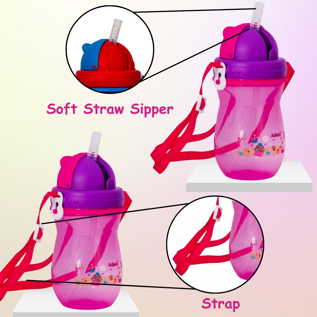 Adore Idaho Straw Sipper with Retractable Hood & Adjustable Shoulder Strap 300 ml - Pink