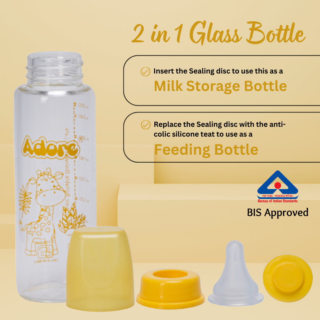 Adore Glaze Senior 2 Stage Glass Feeding Bottle with Anti- Colic Teat -250ml- Yellow