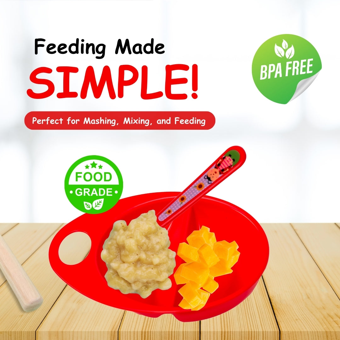 Adore Supper Hero Feeding Bowl with Spoon, Fork & Wooden Masher- Red