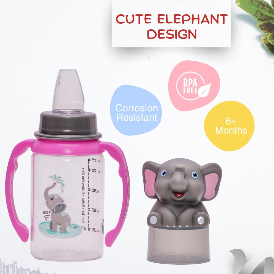 Adore BUNK! Character Hood Glass Spout Sipper with Twin Handle- 125ml- Elephant