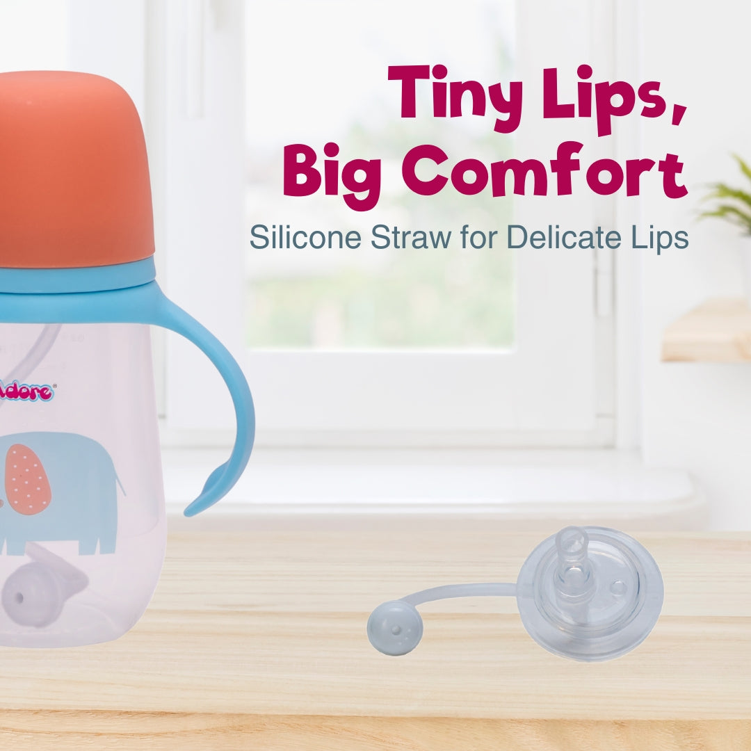 Adore Great Britain Wide Neck Straw Sipper with Gravity Ball and Twin Handle- 250ml New Blue