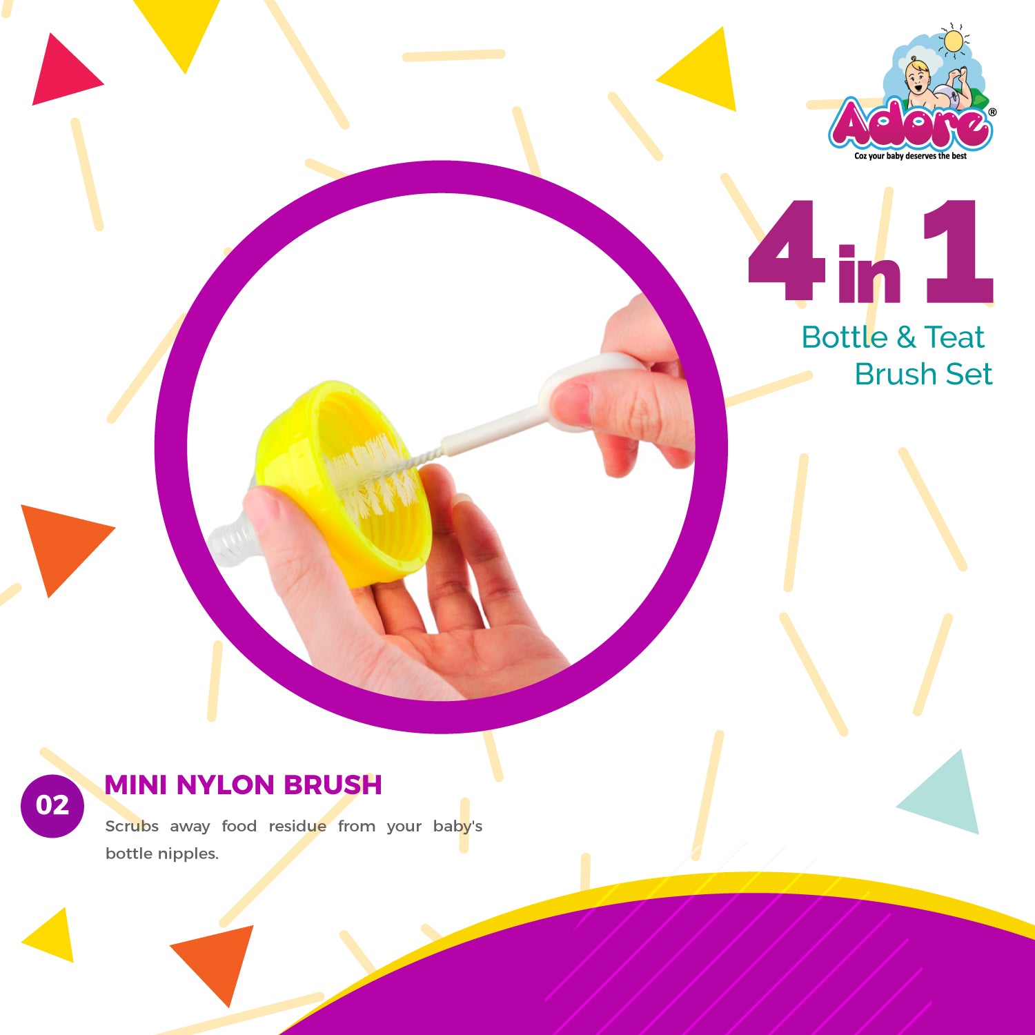 Adore Baby Bottle Cleaning Brush Kit Pack of 4 - Multicolor