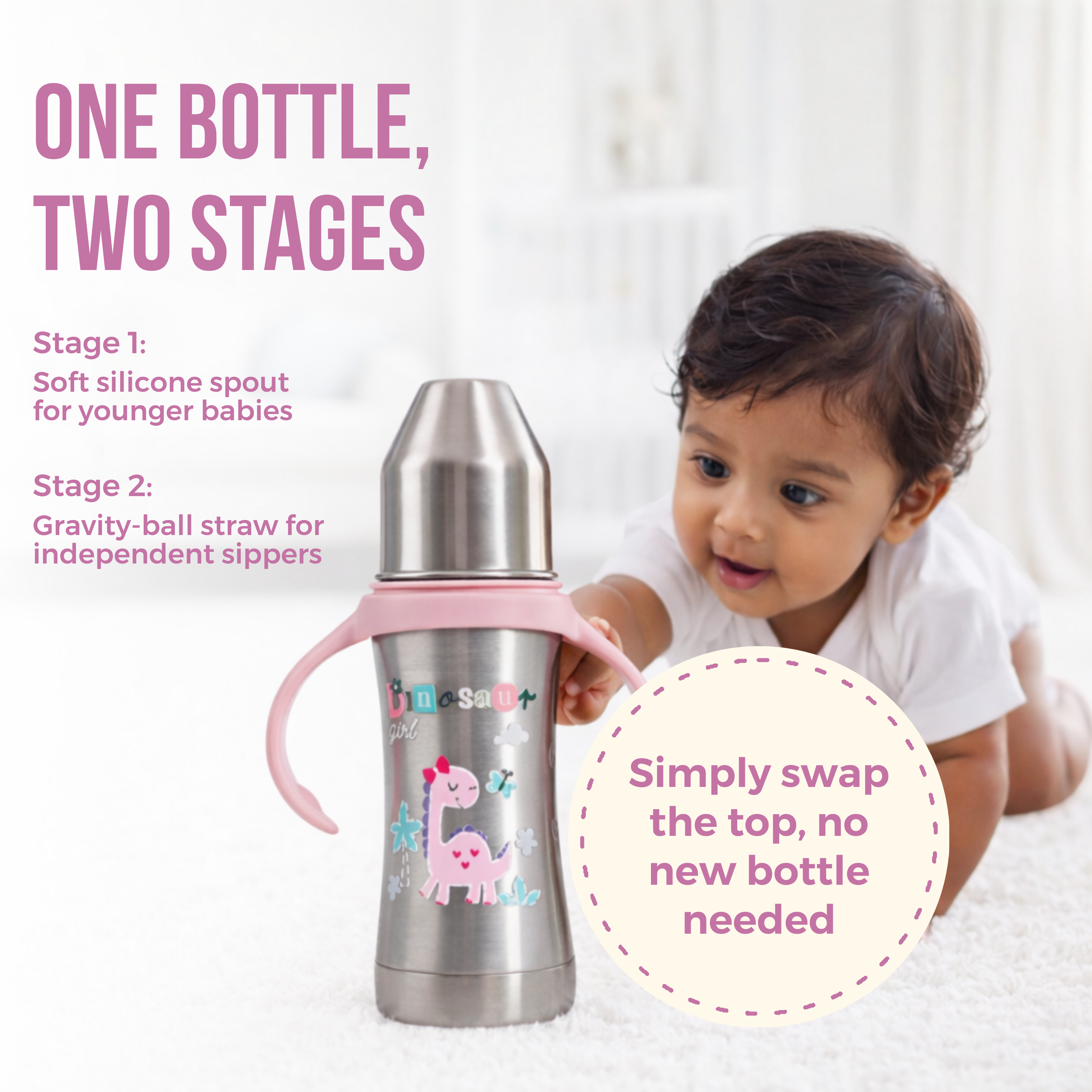 Adore Twilight 2in 1 Stainless Steel Sipper with Twin Handle 250ml - Pink Dino