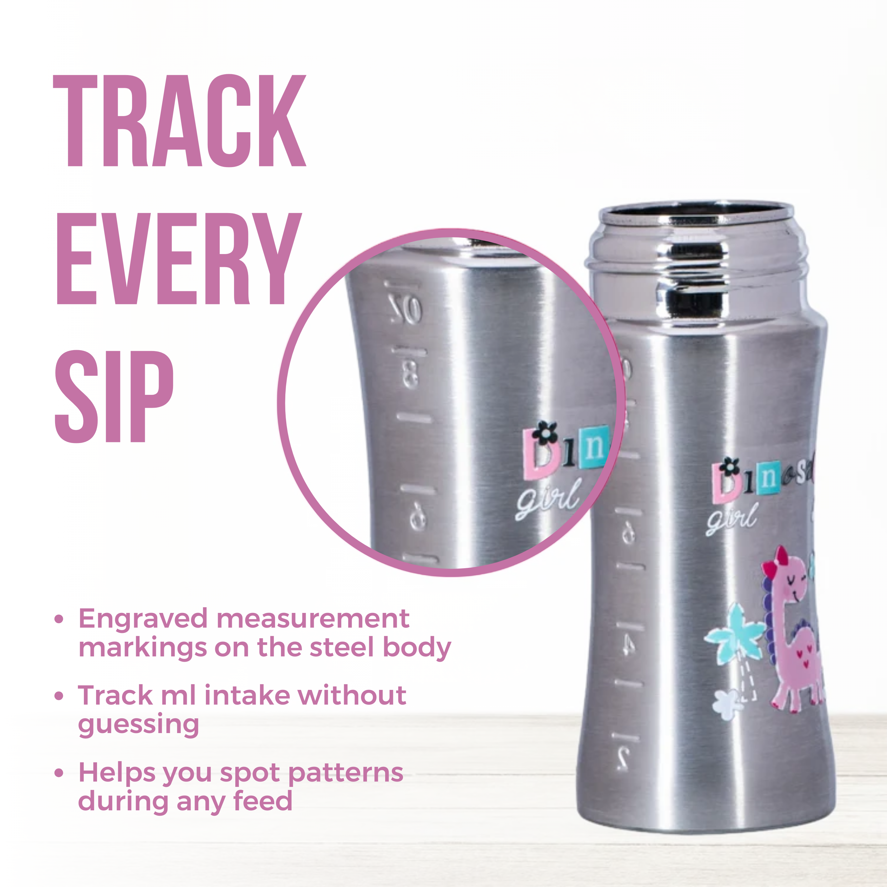 Adore Twilight 2in 1 Stainless Steel Sipper with Twin Handle 250ml - Pink Dino