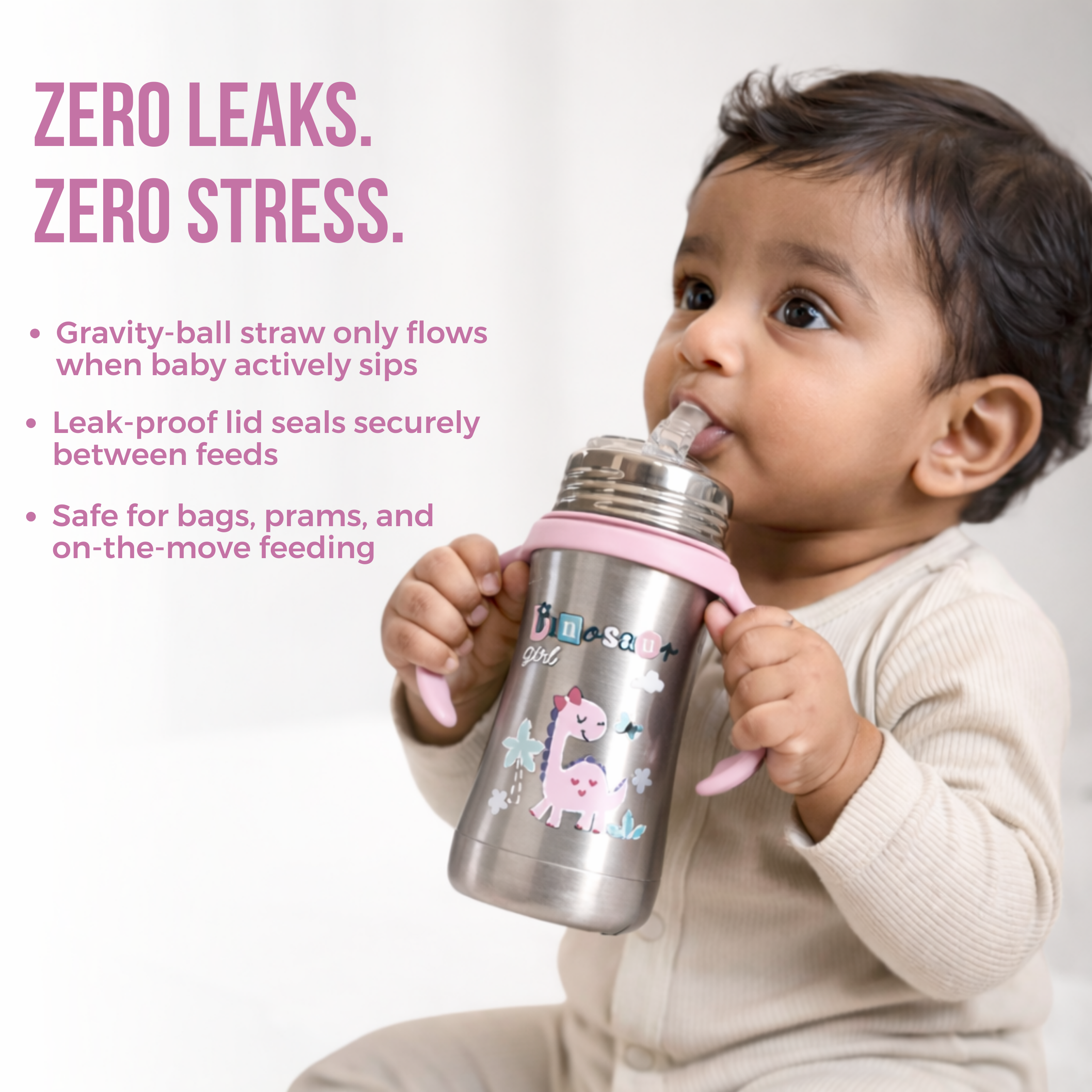 Adore Twilight 2in 1 Stainless Steel Sipper with Twin Handle 250ml - Pink Dino