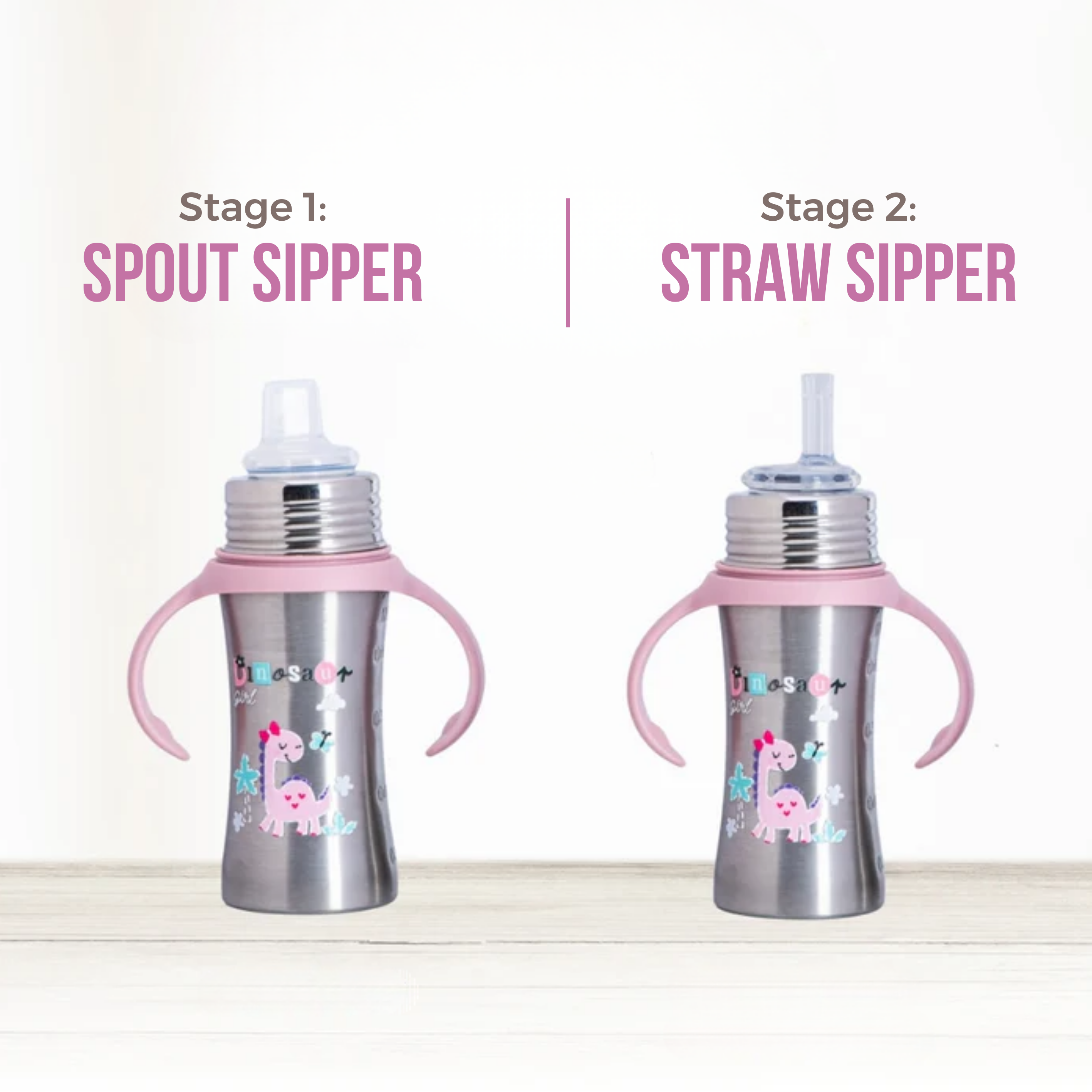Adore Twilight 2in 1 Stainless Steel Sipper with Twin Handle 250ml - Pink Dino