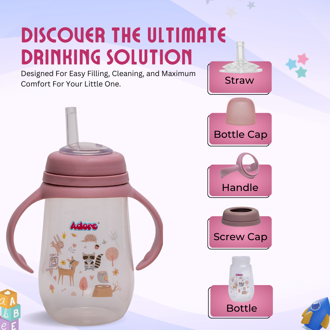 Adore Scotland Wide neck Soft Straw Sipper with Twin Handle-250ml- Pink