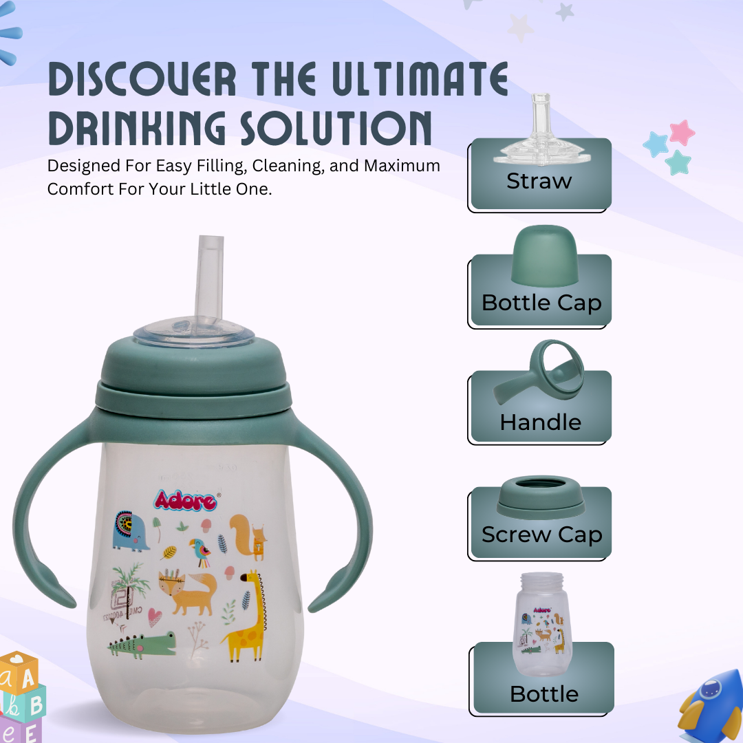 Adore Scotland Wide neck Soft Straw Sipper with Twin Handle-250ml- Green