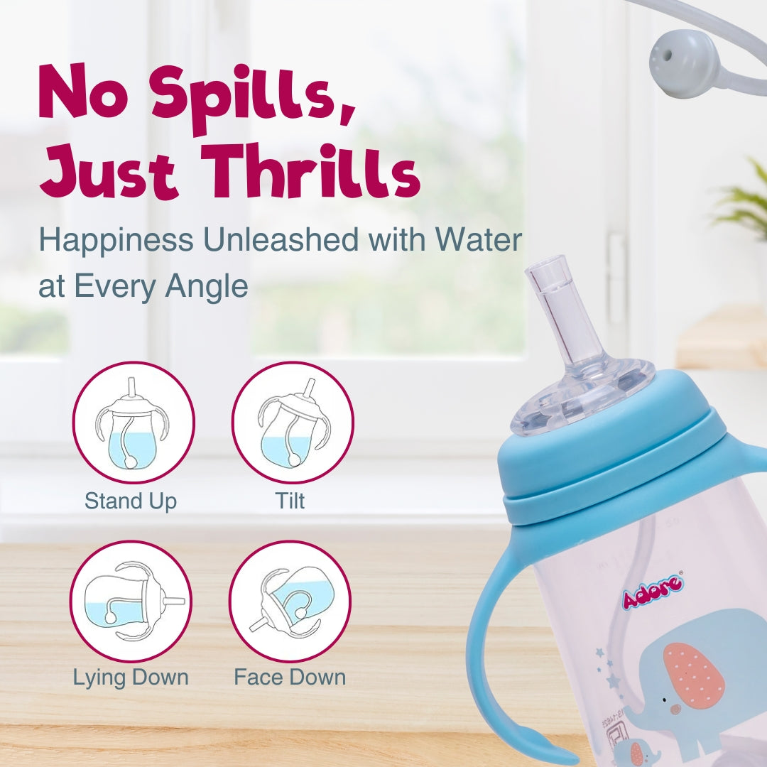 Adore Great Britain Wide Neck Straw Sipper with Gravity Ball and Twin Handle- 250ml New Blue