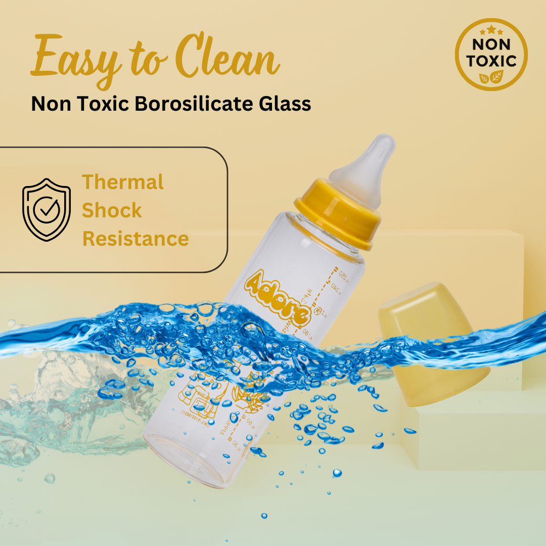 Adore Glaze Senior 2 Stage Glass Feeding Bottle with Anti- Colic Teat -250ml- Yellow