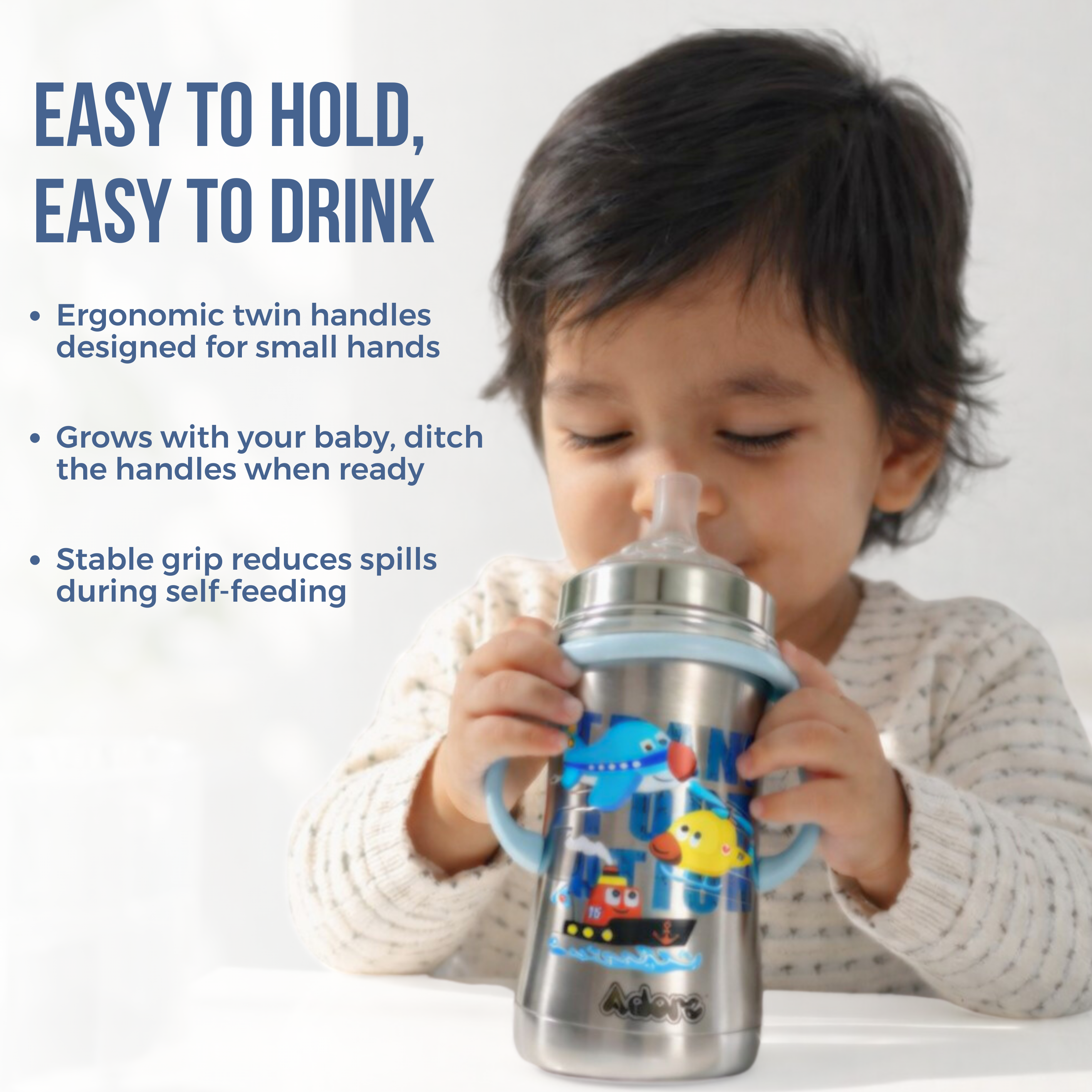 Adore Twilight 2in 1 Stainless Steel Sipper with Twin Handle 250ml - Blue Transport