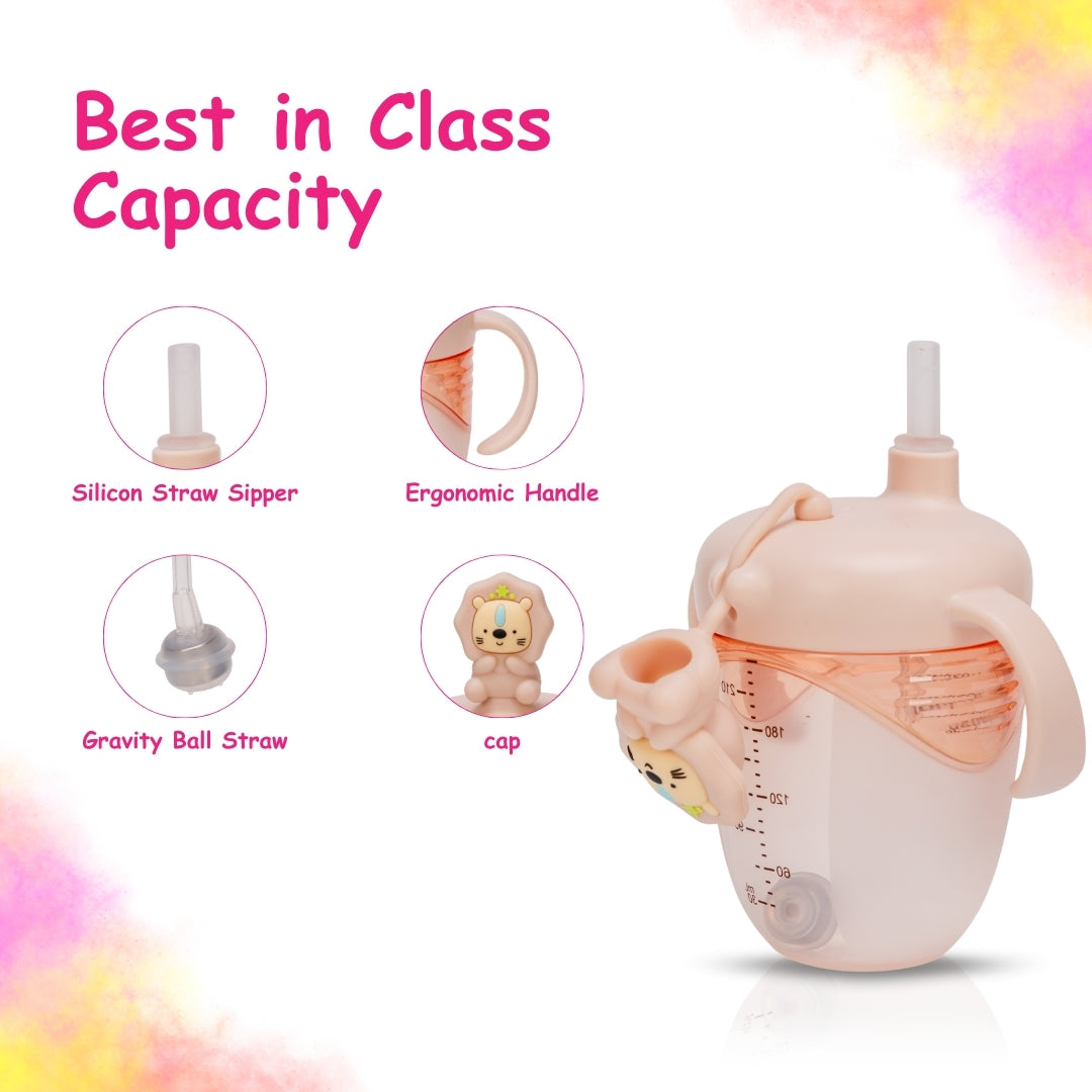 Adore Simbha- The Silicon Straw Sipper with Gravity Ball & Twin Handle 210ml Pink