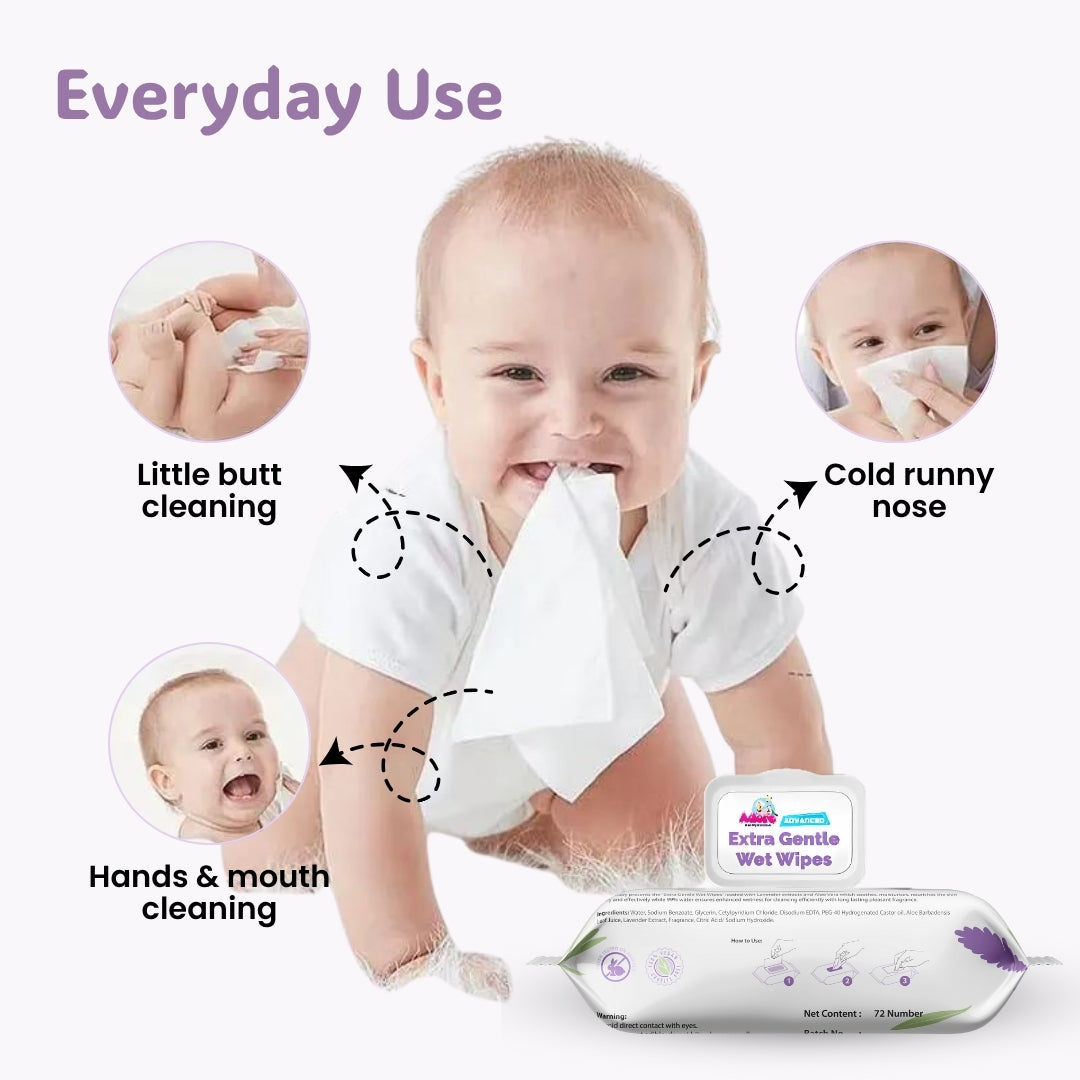 Adore Baby Lavender Wet Wipes with Goodness of Aloe-vera- 99% Pure Water- Pack of 72n Wipes* 9 Pack