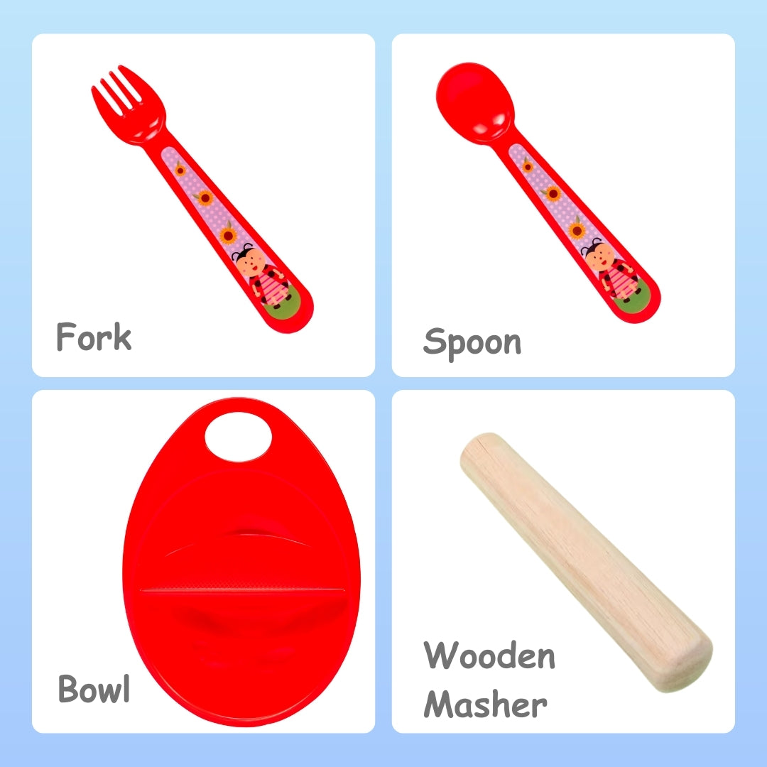 Adore Supper Hero Feeding Bowl with Spoon, Fork & Wooden Masher- Red