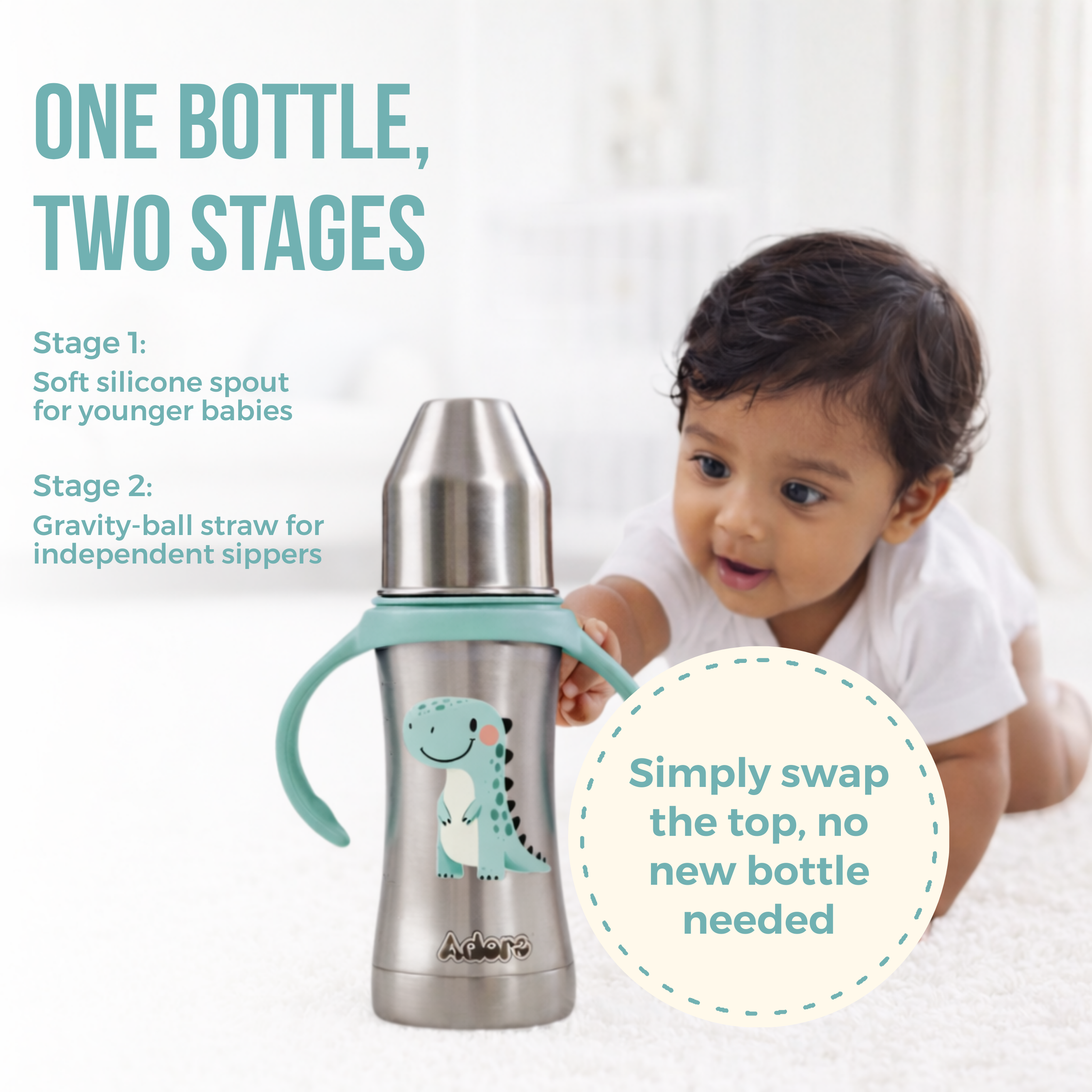 Adore Twilight 2in 1 Stainless Steel Sipper with Twin Handle 250ml - Green Dino