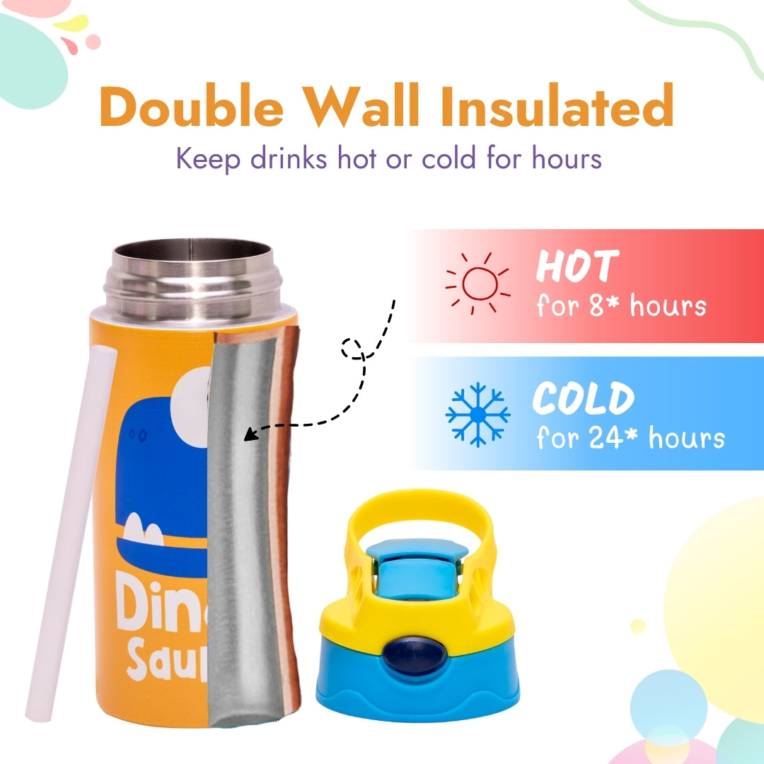 Adore Helios! Double Wall Insulated Stainless Steel Sipper 350ml- Yellow Dino