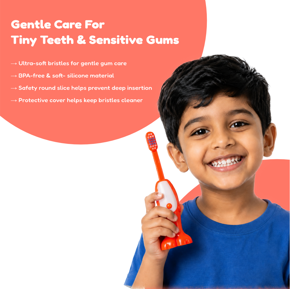 Adore Kids Pop Up Toothbrush with Safety Head Attractive Character - Orange Tiger