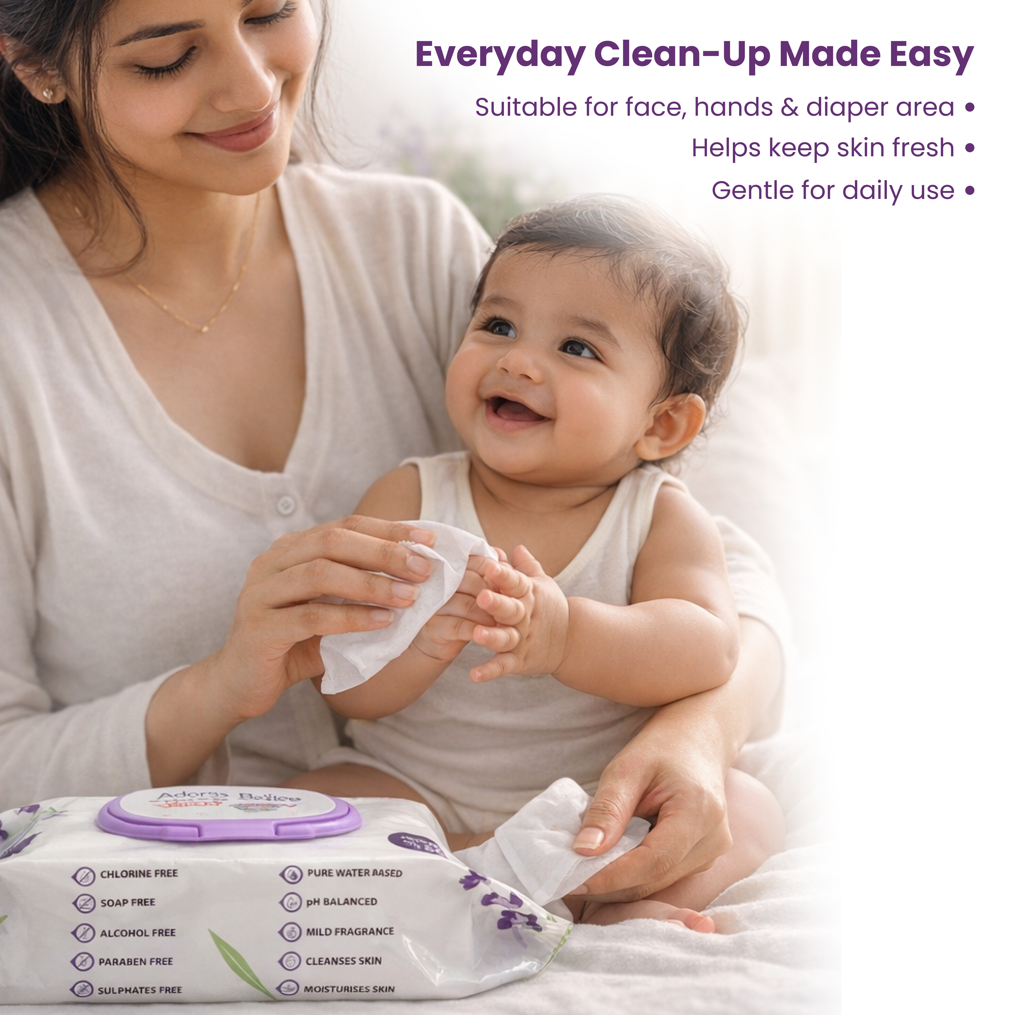 Adore Baby Lavender Wet Wipes with Goodness of Aloe-vera- 98% Pure Water- Pack of 72n Wipes* 1 Pack