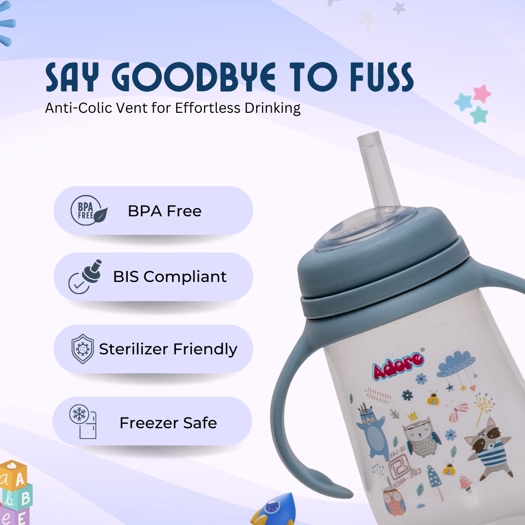 Adore Scotland Wide neck Soft Straw Sipper with Twin Handle-250ml- Blue