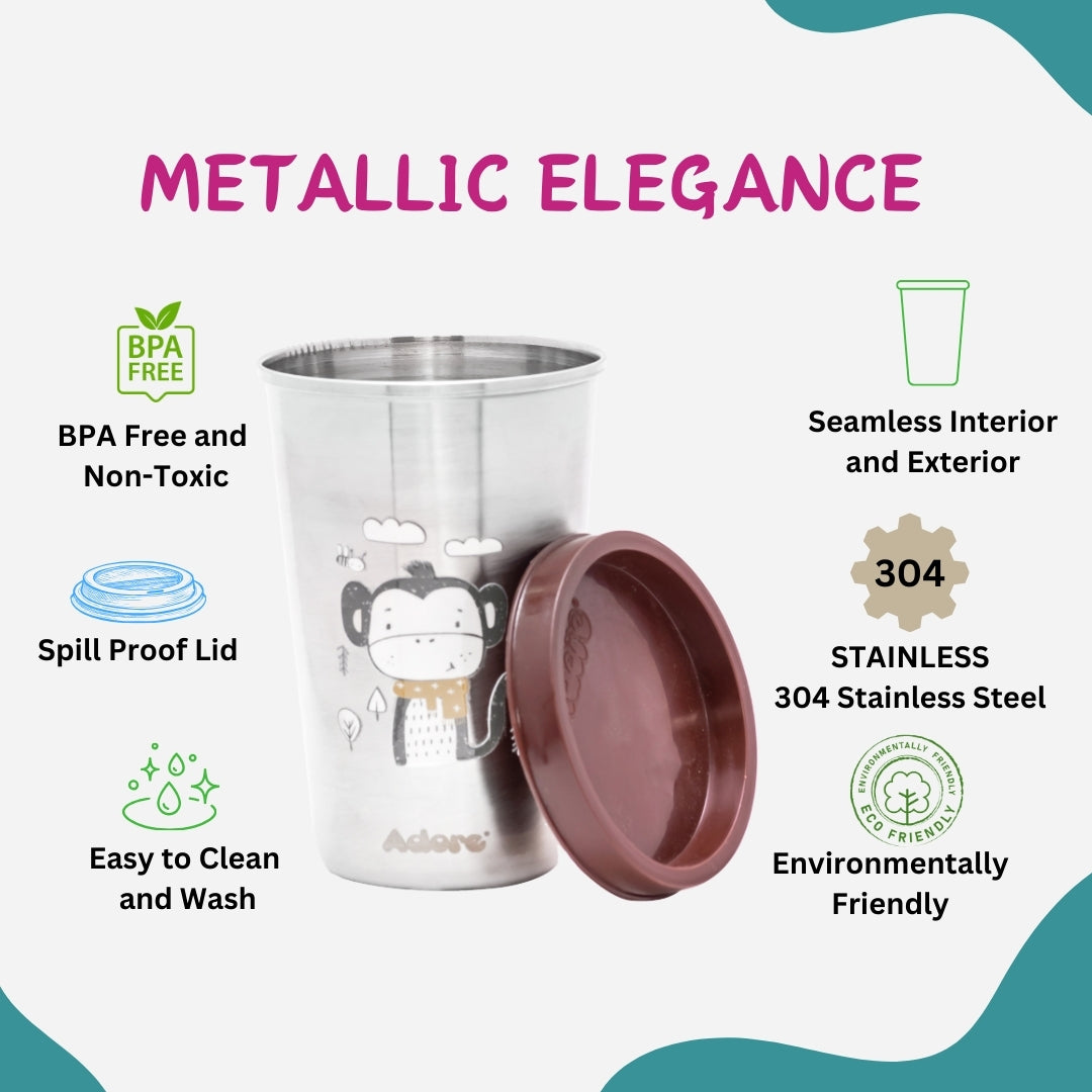 Adore Uno Printed Stainless Steel Tumbler with Spill Proof Lid 300 ml - Brown