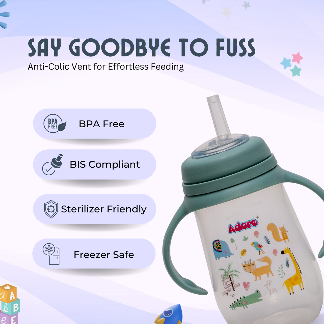 Adore Scotland Wide neck Soft Straw Sipper with Twin Handle-250ml- Green