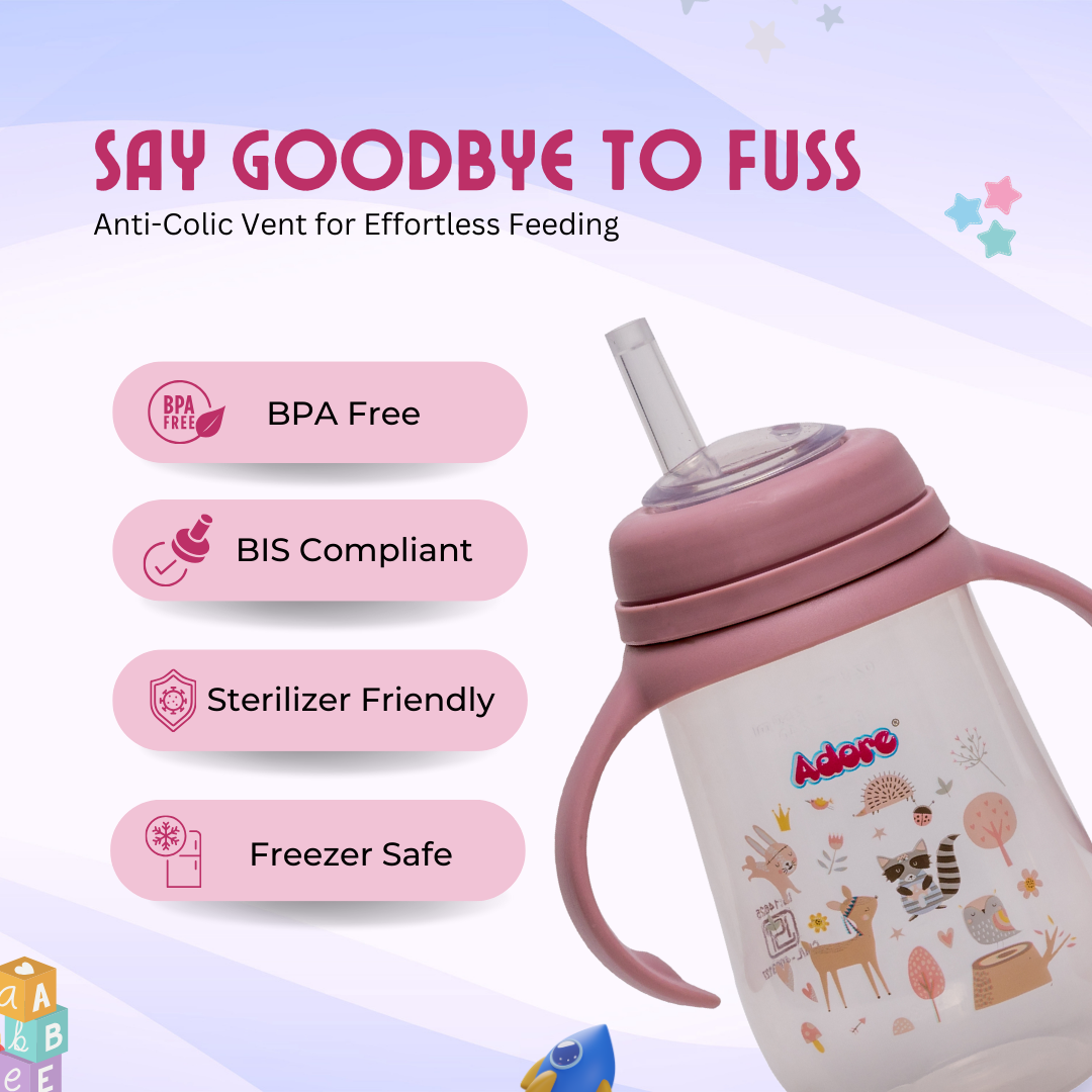 Adore Scotland Wide neck Soft Straw Sipper with Twin Handle-250ml- Pink