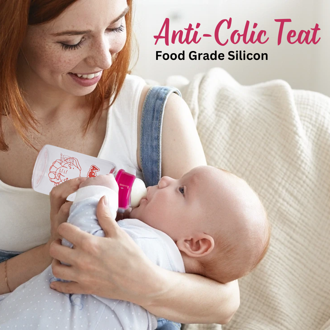 Adore Glaze Senior 2 Stage Glass Feeding Bottle with Anti- Colic Teat -250ml- Pink