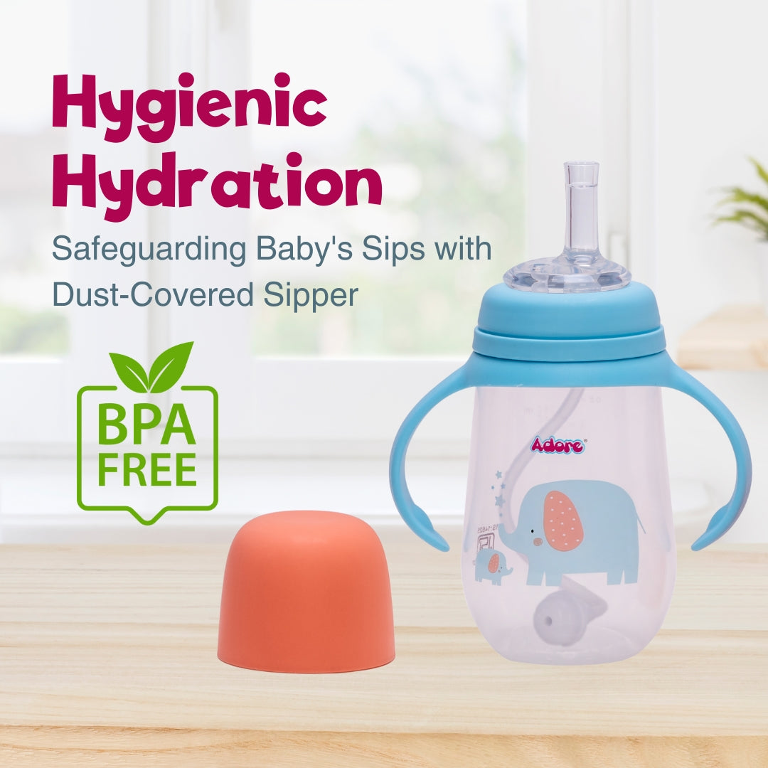 Adore Great Britain Wide Neck Straw Sipper with Gravity Ball and Twin Handle- 250ml New Blue