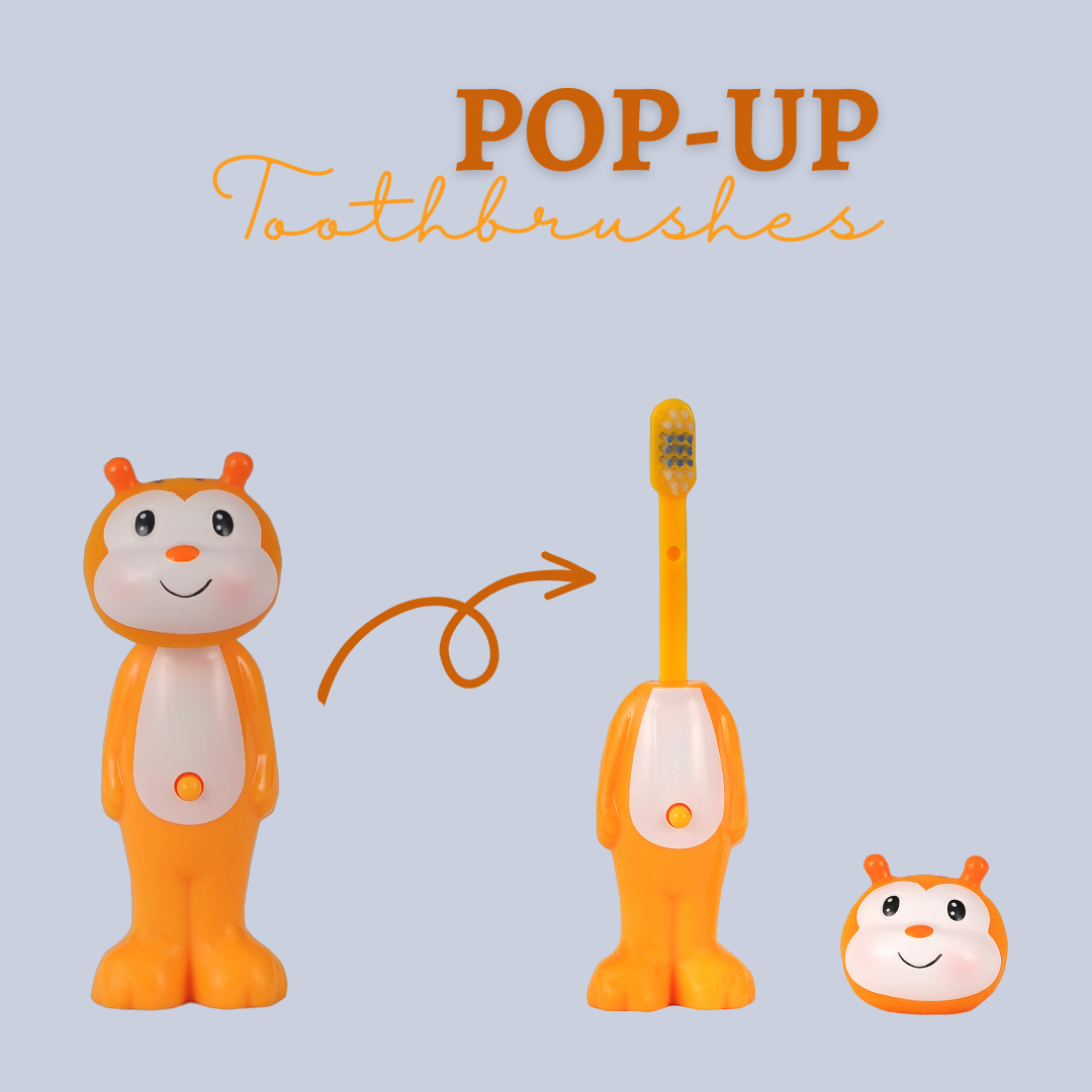 Adore Kids Pop Up Toothbrush with Safety Head Attractive Character - Orange Bee