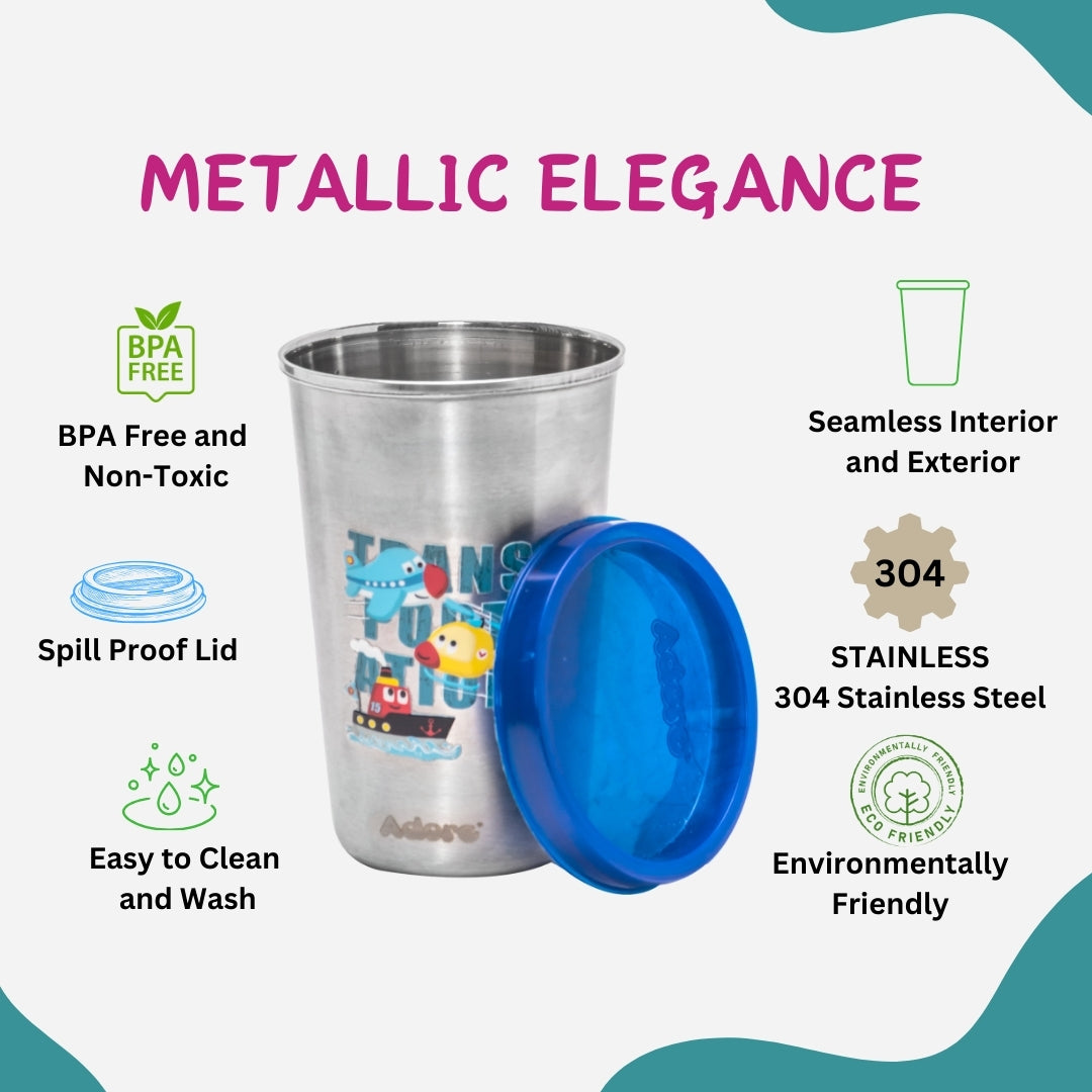 Adore Uno Printed Stainless Steel Tumbler with Spill Proof Lid 300 ml - Dark Blue