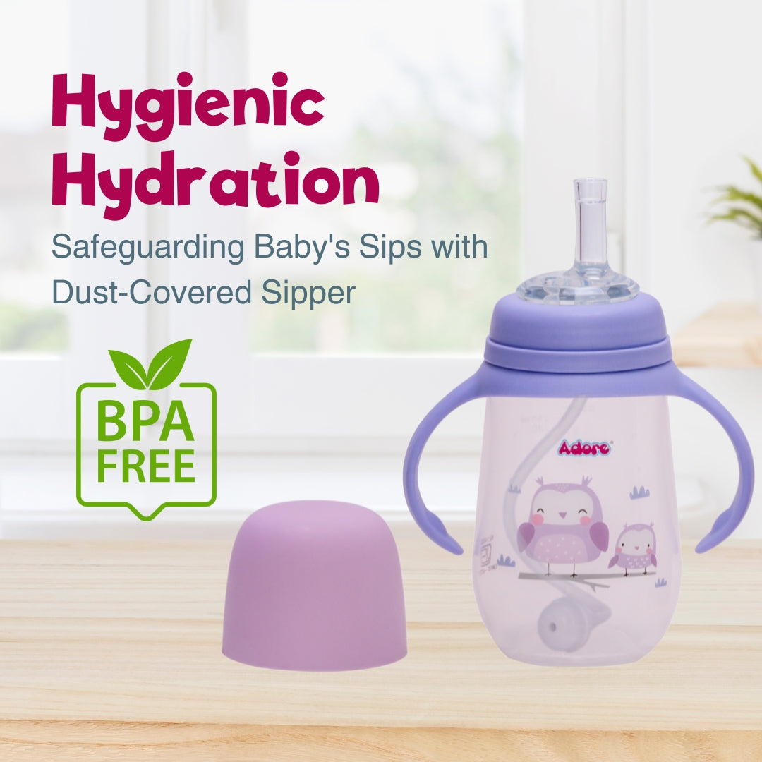 Adore Great Britain Wide Neck Straw Sipper with Gravity Ball and Twin Handle- 250ml Purple