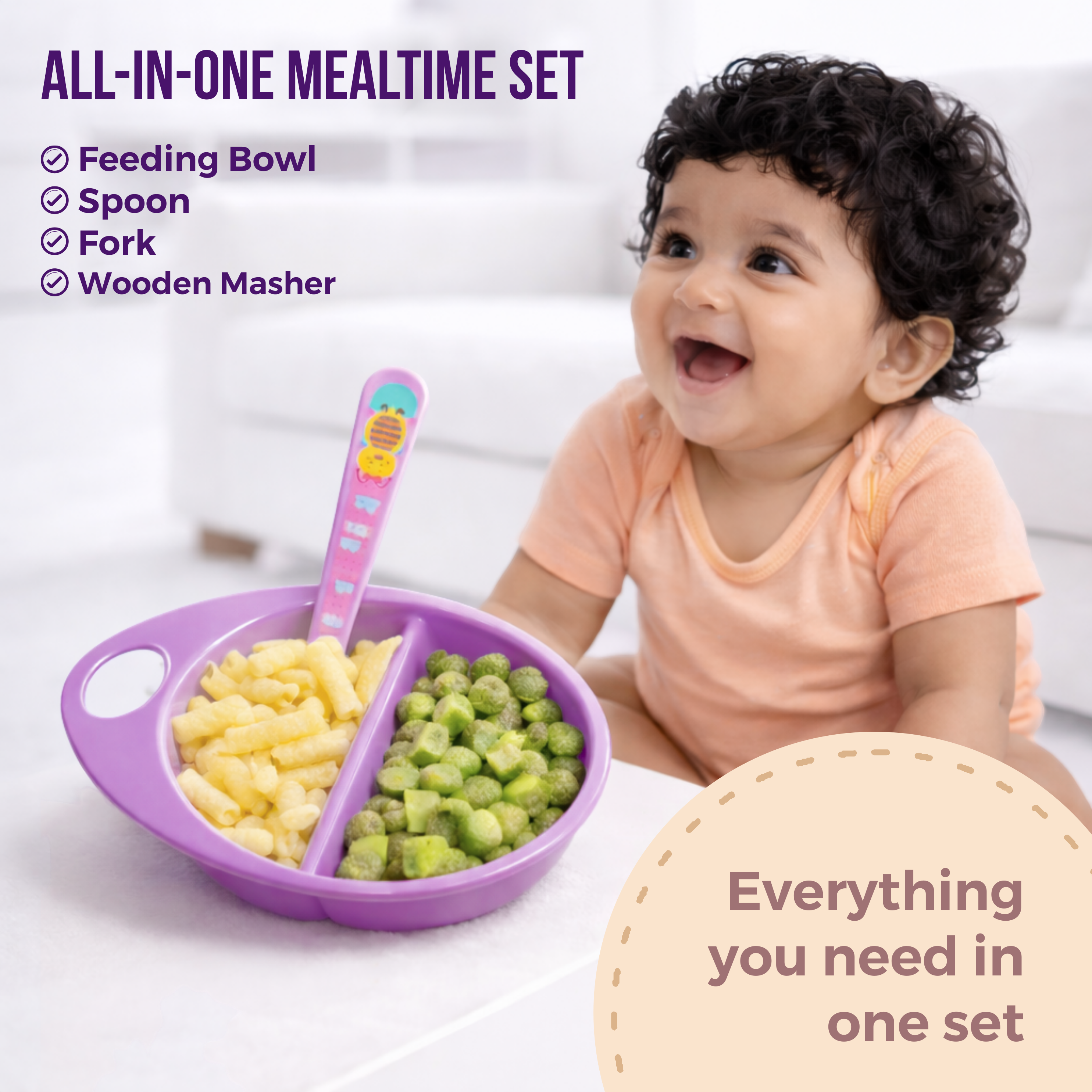 Adore Supper Hero Feeding Bowl with Spoon, Fork & Wooden Masher- Purple