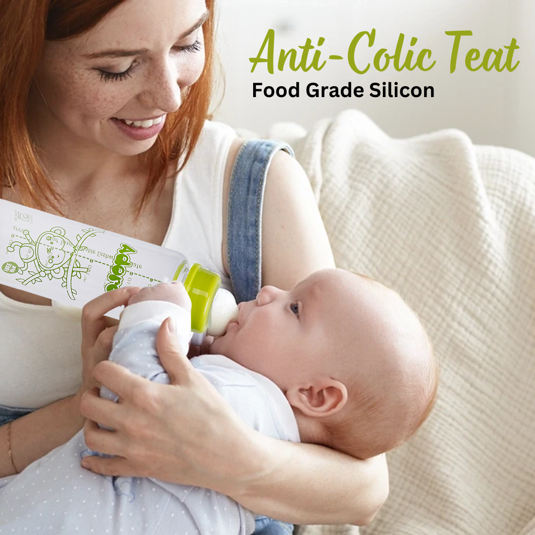Adore Glaze Senior 2 Stage Glass Feeding Bottle with Anti- Colic Teat -250ml- Green