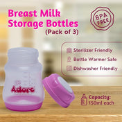 Adore Ahoy Breast Milk Storage Bottles 150ml Each Capacity Pack of 3 - Pink
