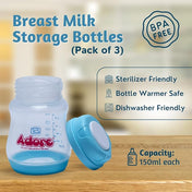 Adore Ahoy Breast Milk Storage Bottles 150ml Each Capacity Pack of 3 - Blue