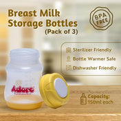 Adore Ahoy Breast Milk Storage Bottles 150ml Each Capacity Pack of 3 - Yellow