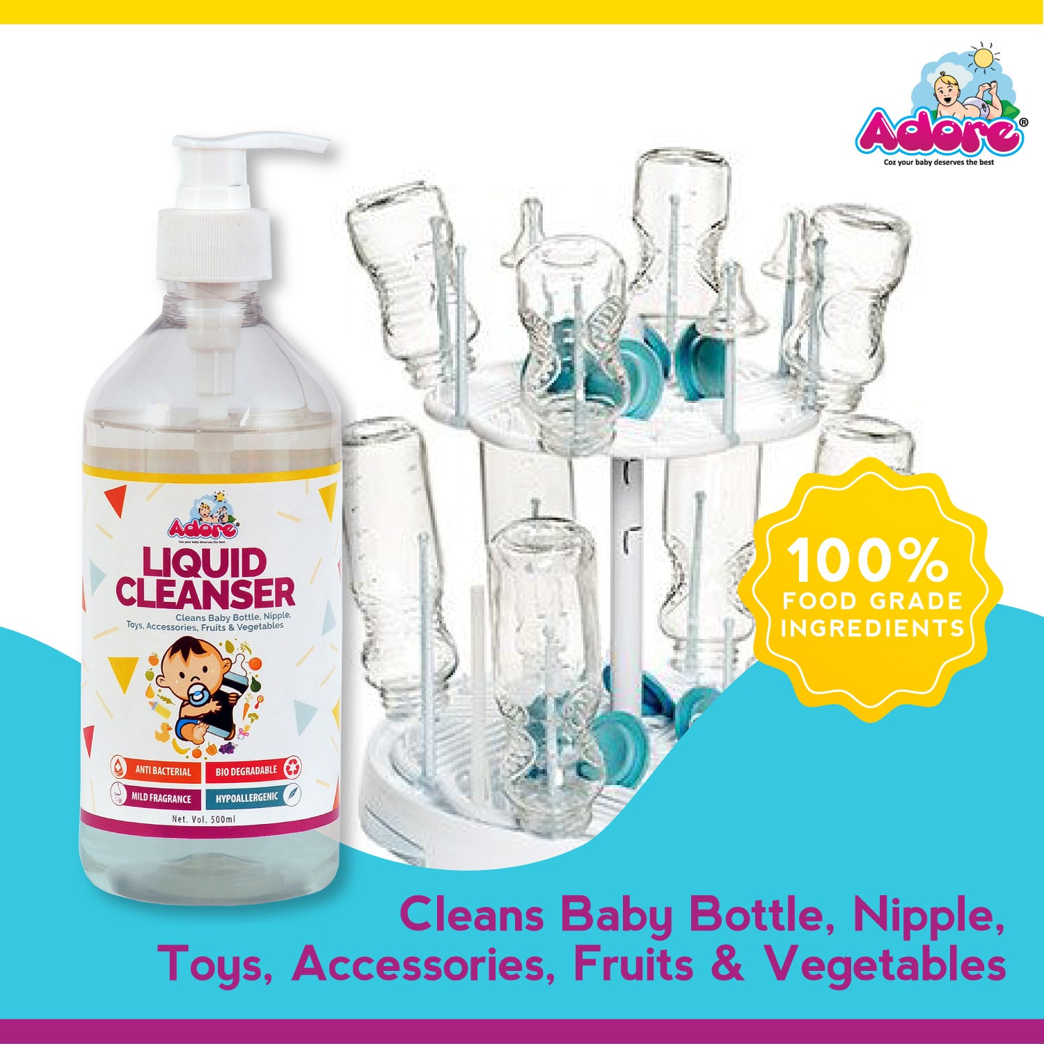 Adore Baby Bottle, Nipple & Vegetable Liquid Cleanser 500ml