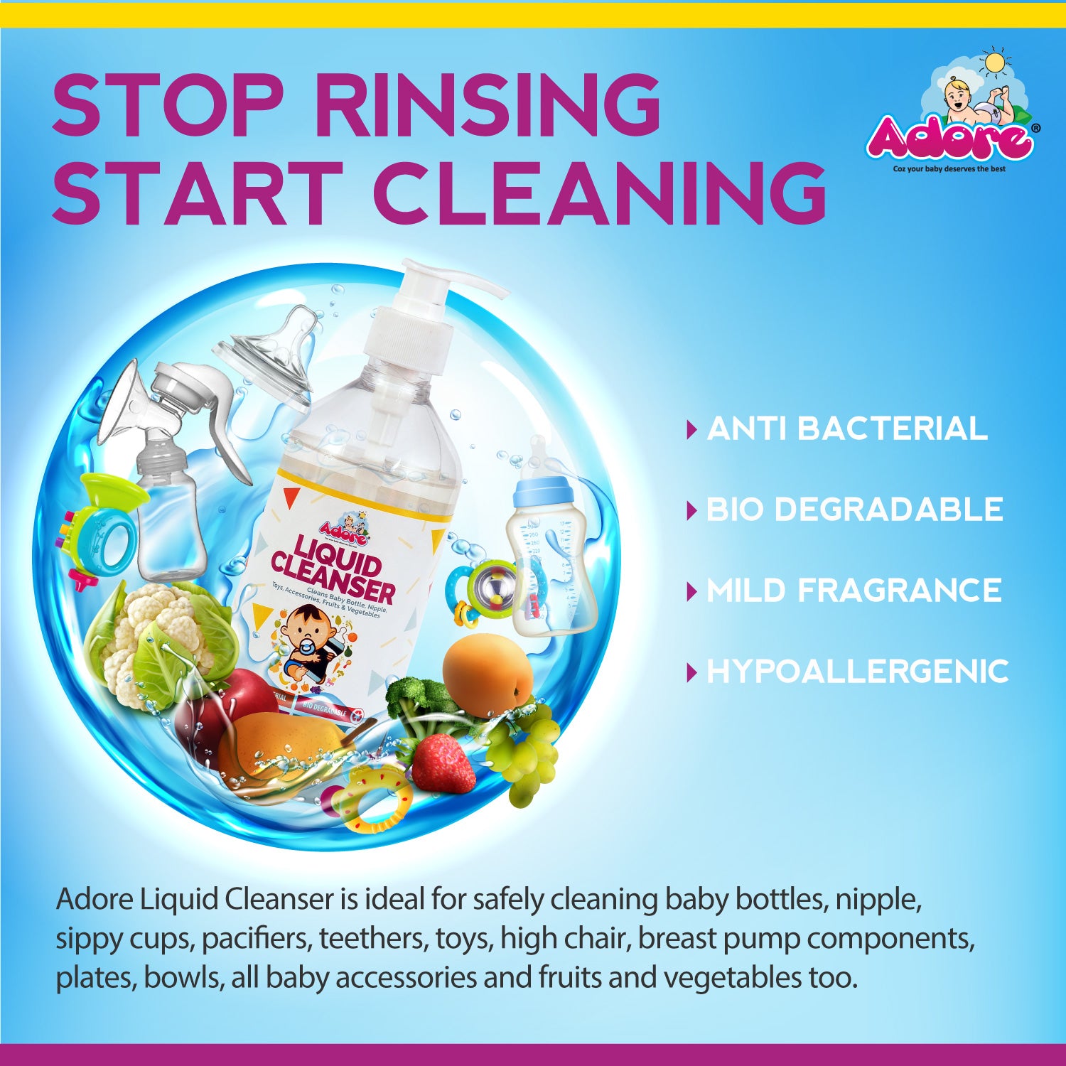 Adore Baby Bottle, Nipple & Vegetable Liquid Cleanser 500ml