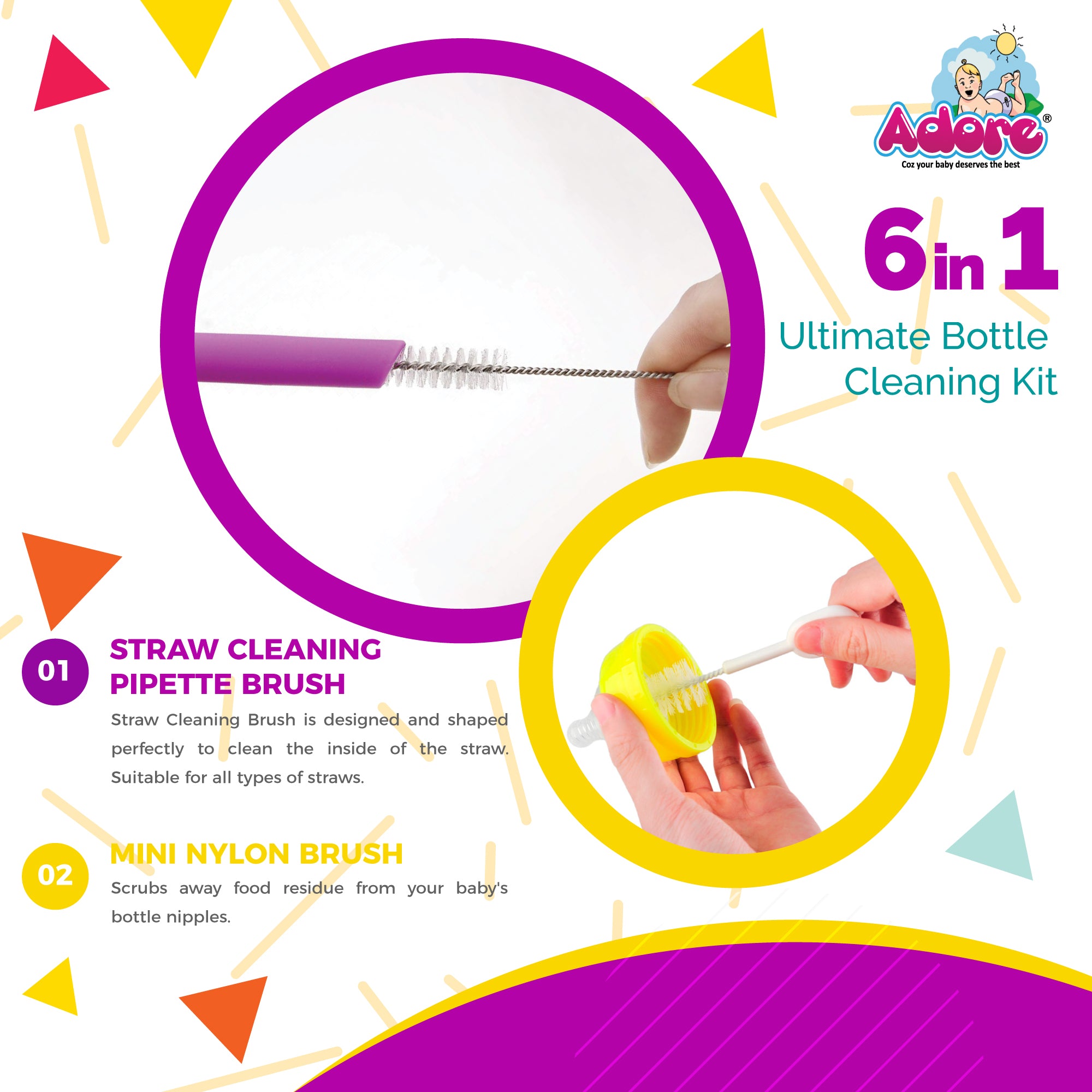 Adore Ultimate Bottle Cleaning Kit Pack of 6 - ( Colour May Vary )