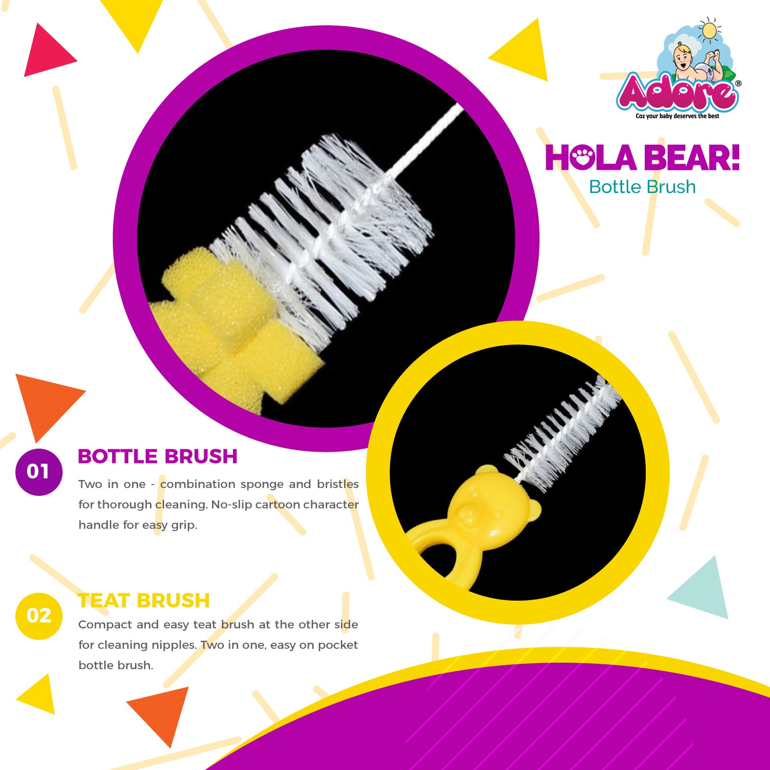 Adore Hola Bear 2 in 1 Bottle Cleaning Brush Kit- Yellow