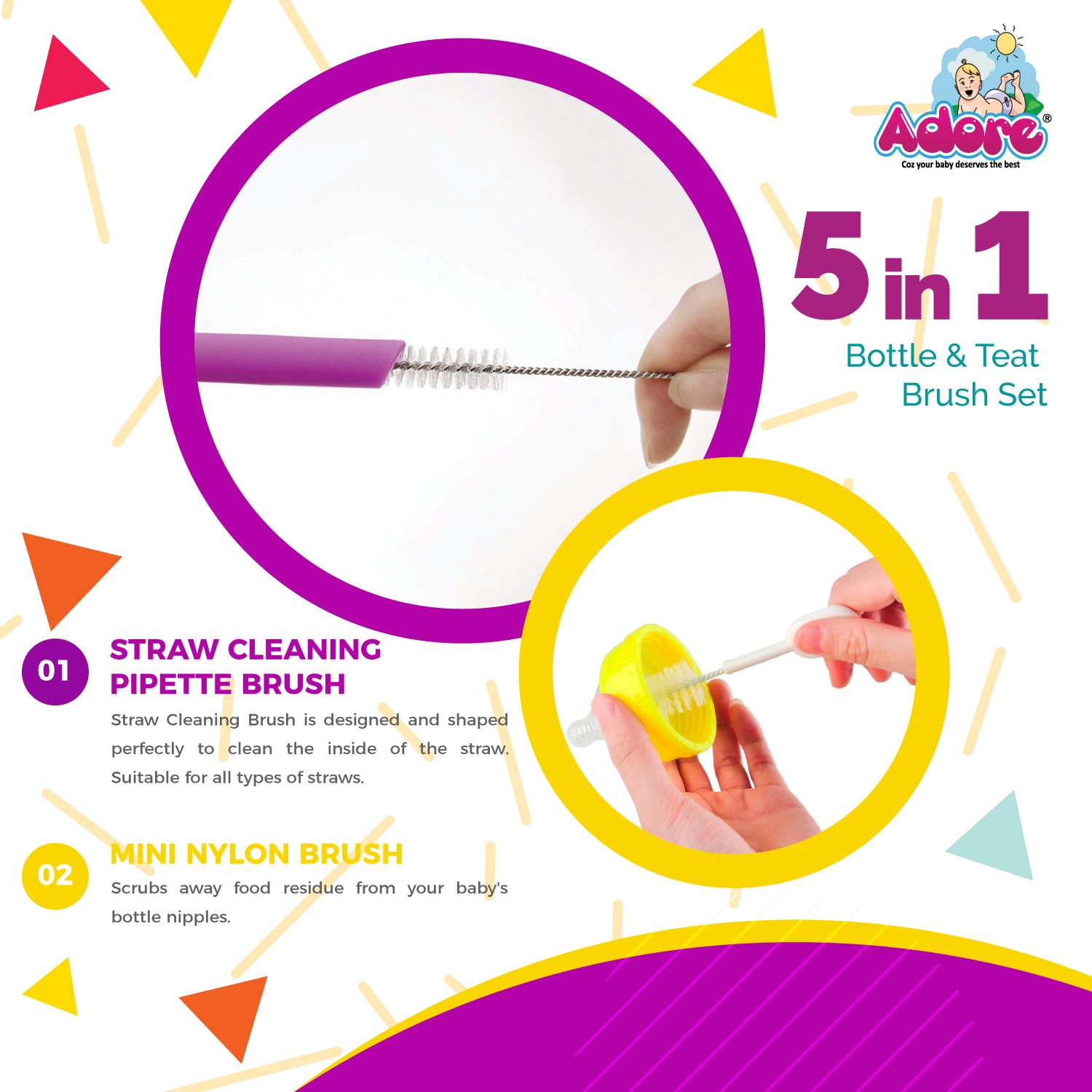 Adore Baby Bottle Cleaning Brush Kit Pack of 5 - ( Colour May Vary )