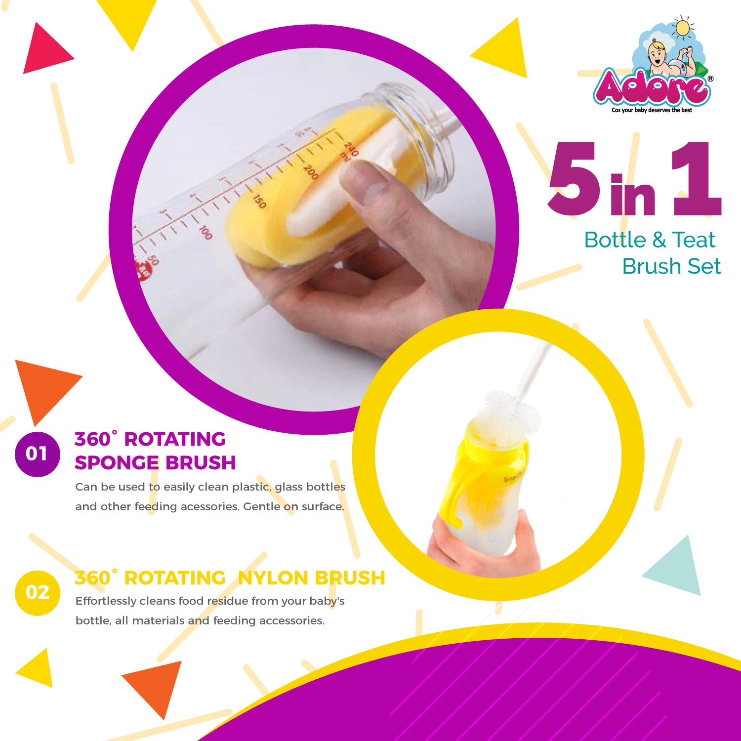 Adore Baby Bottle Cleaning Brush Kit Pack of 5 - ( Colour May Vary )