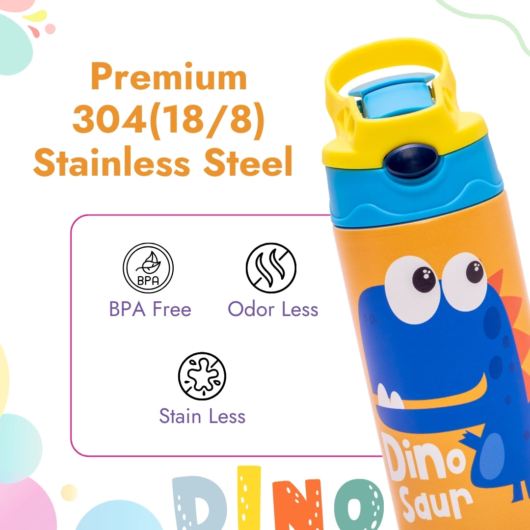 Adore Helios! Double Wall Insulated Stainless Steel Sipper 350ml- Yellow Dino
