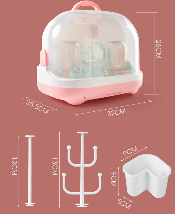 Adore Hurricane 2 in 1 Baby Bottle Drying Rack & Storage Box with Lid & Handle - Pink
