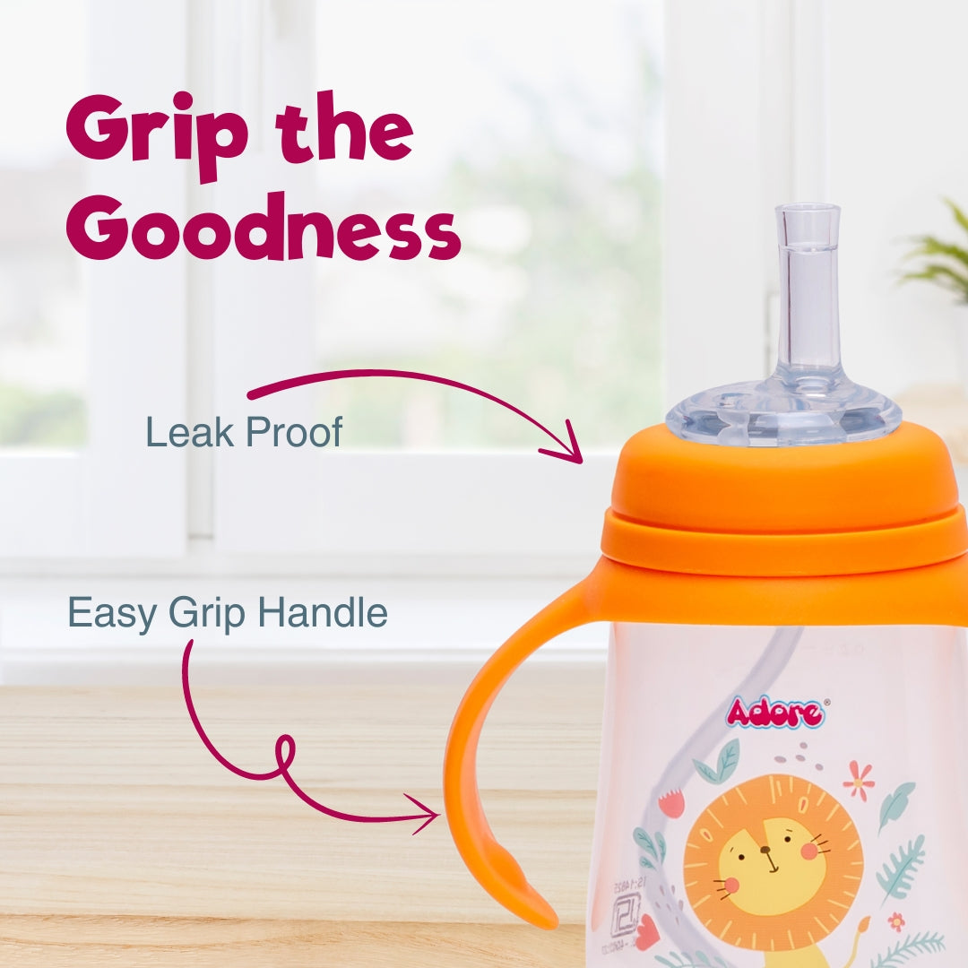 Adore Great Britain Wide Neck Straw Sipper with Gravity Ball and Twin Handle- 250ml Orange