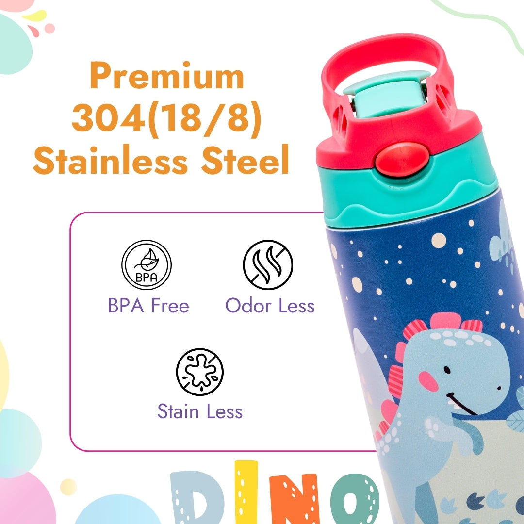 Adore Helios! Double Wall Insulated Stainless Steel Sipper 350ml- Blue Sky Dino