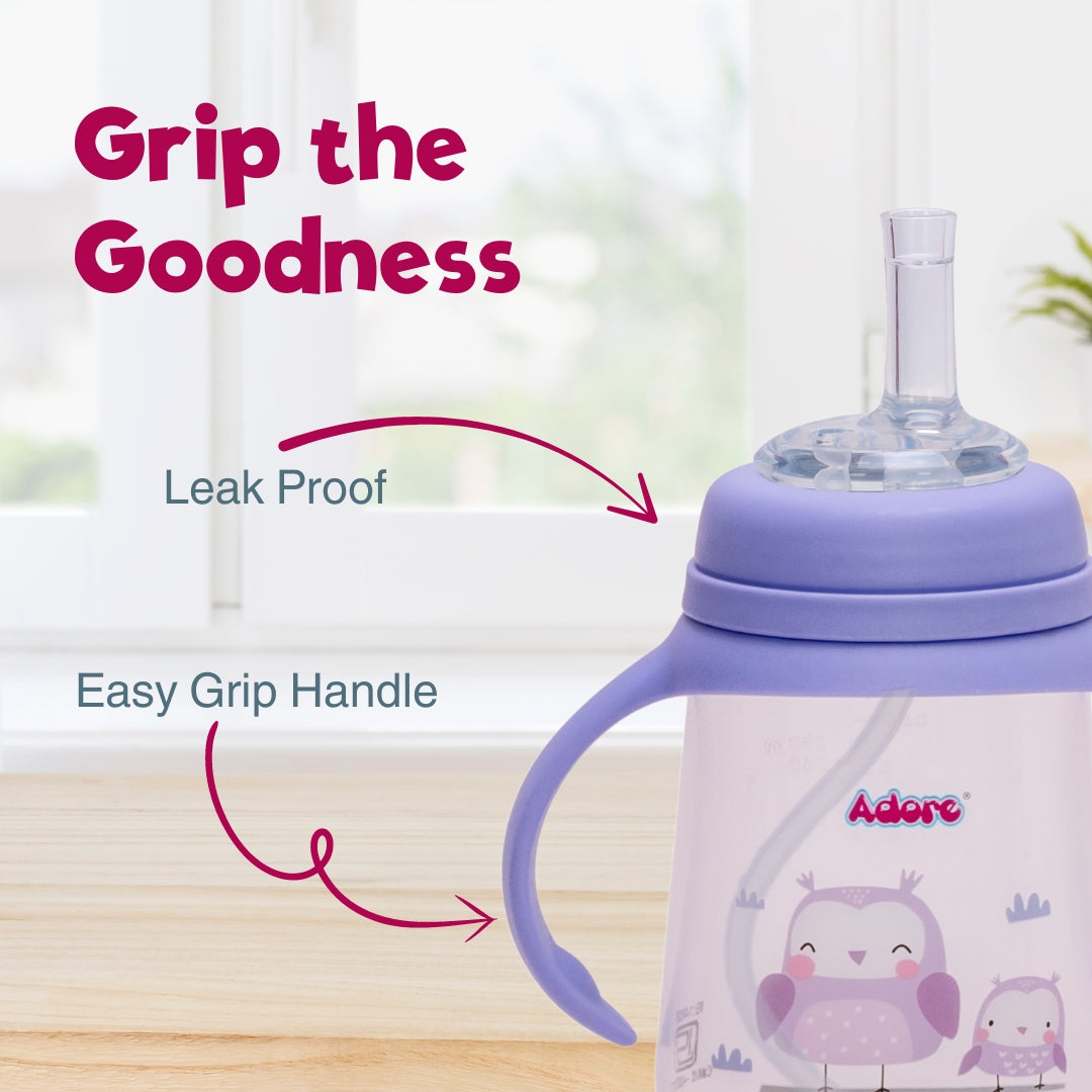 Adore Great Britain Wide Neck Straw Sipper with Gravity Ball and Twin Handle- 250ml Purple