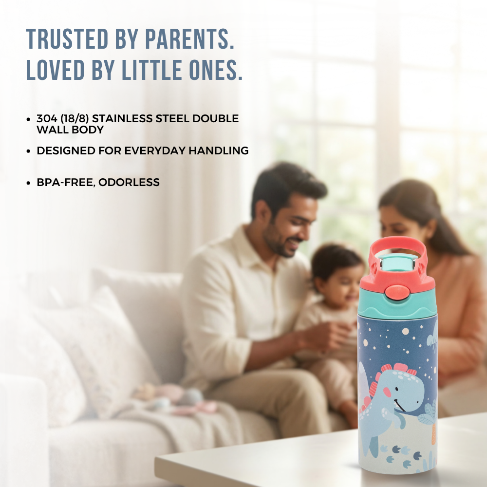 Adore Helios! Double Wall Insulated Stainless Steel Sipper 350ml- Blue Sky Dino