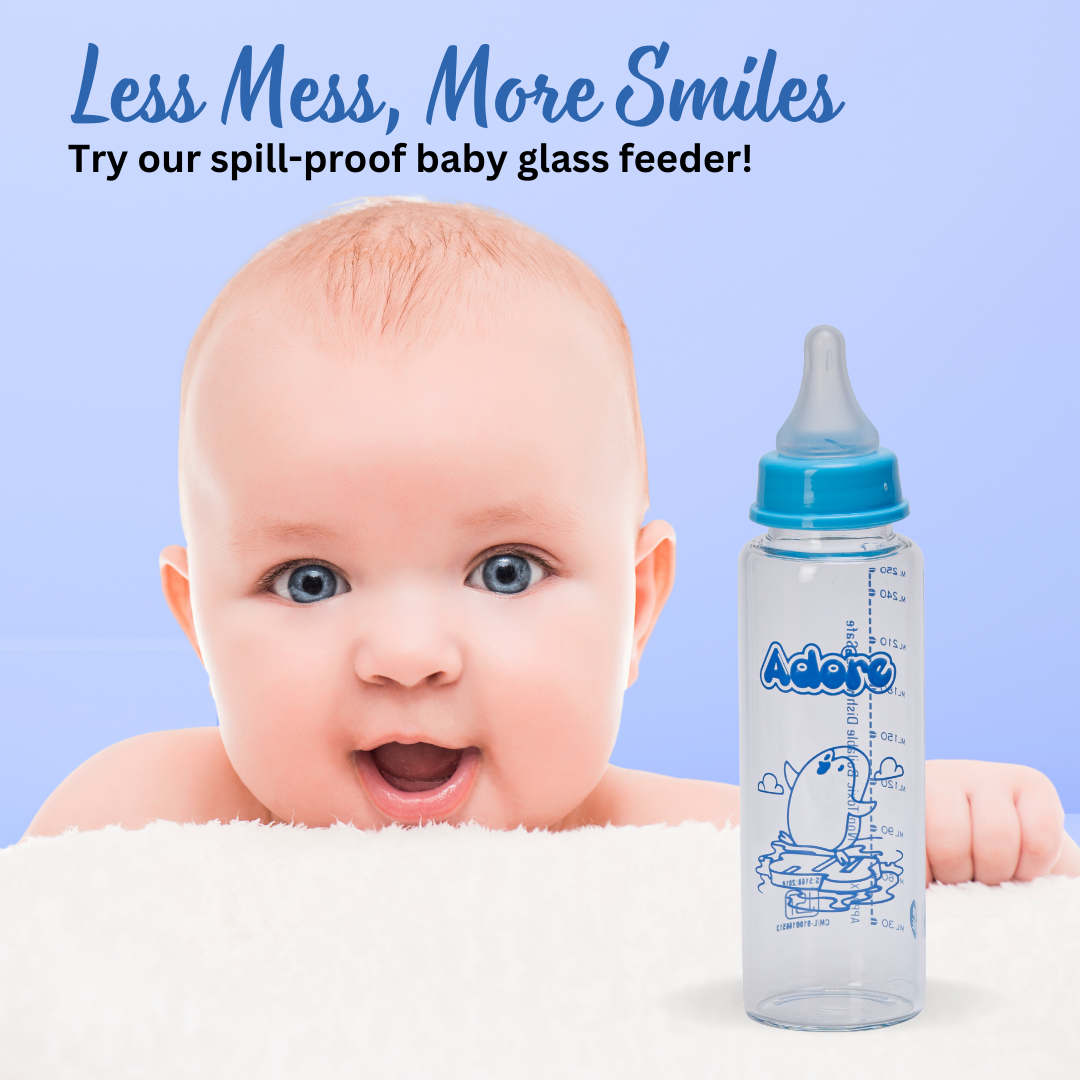 Adore Glaze Senior 2 Stage Glass Feeding Bottle with Anti- Colic Teat -250ml- Blue